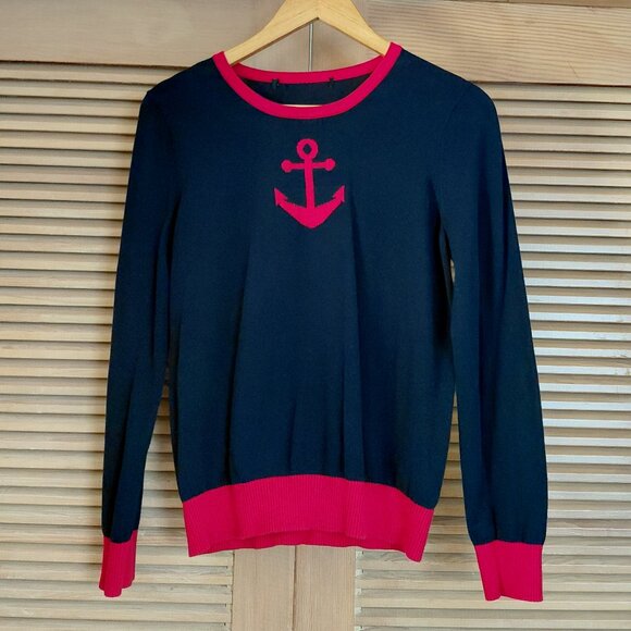 Vintage 00s Forever 21 Knit Sweater Navy Red Anchor Rockabilly Cotton Size M - Picture 1 of 7